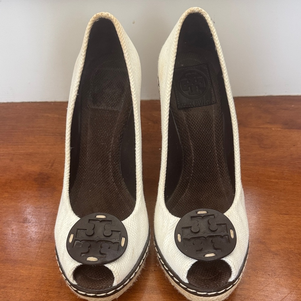 Tory Burch Cream Canvas Peep-Toe Wedge with Logo Medallion